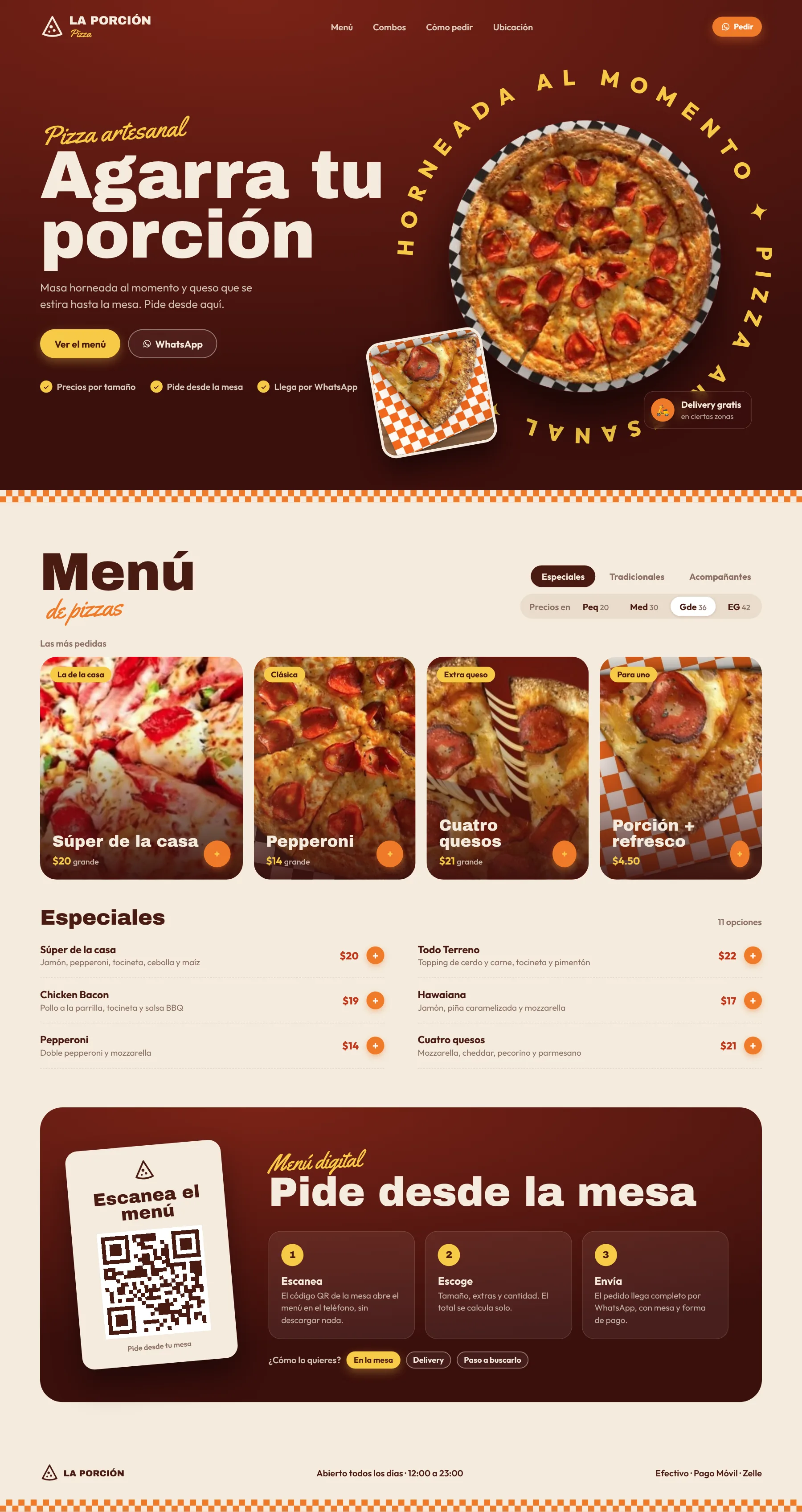 Web de ejemplo de una pizzería vista en computadora: portada con pizza, menú por tamaños, pizzas más pedidas y pedido desde la mesa con QR