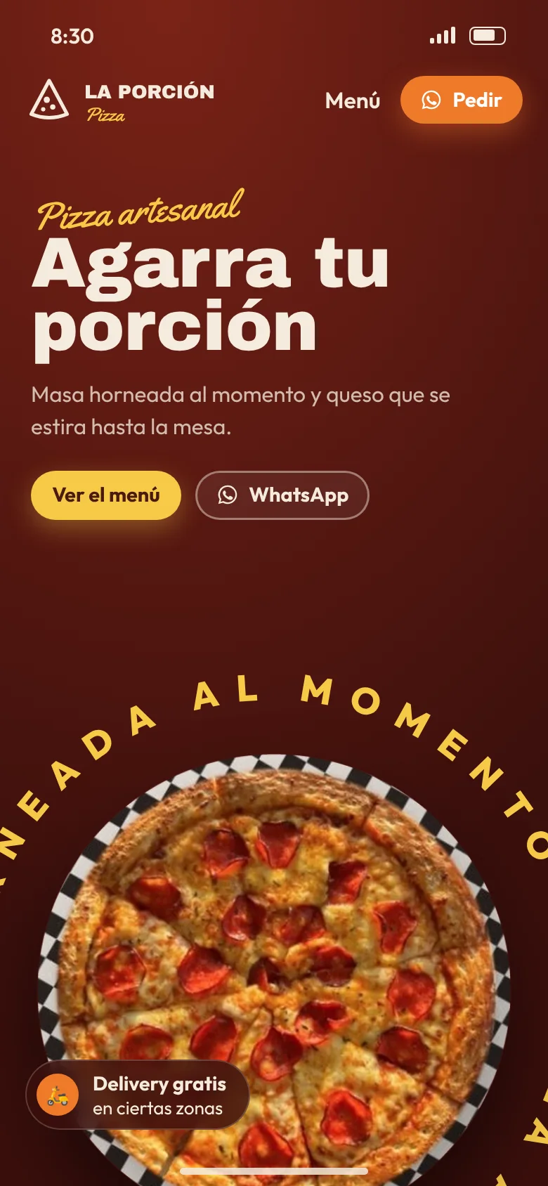 Portada en el teléfono: Agarra tu porción, botones para ver el menú y pedir por WhatsApp