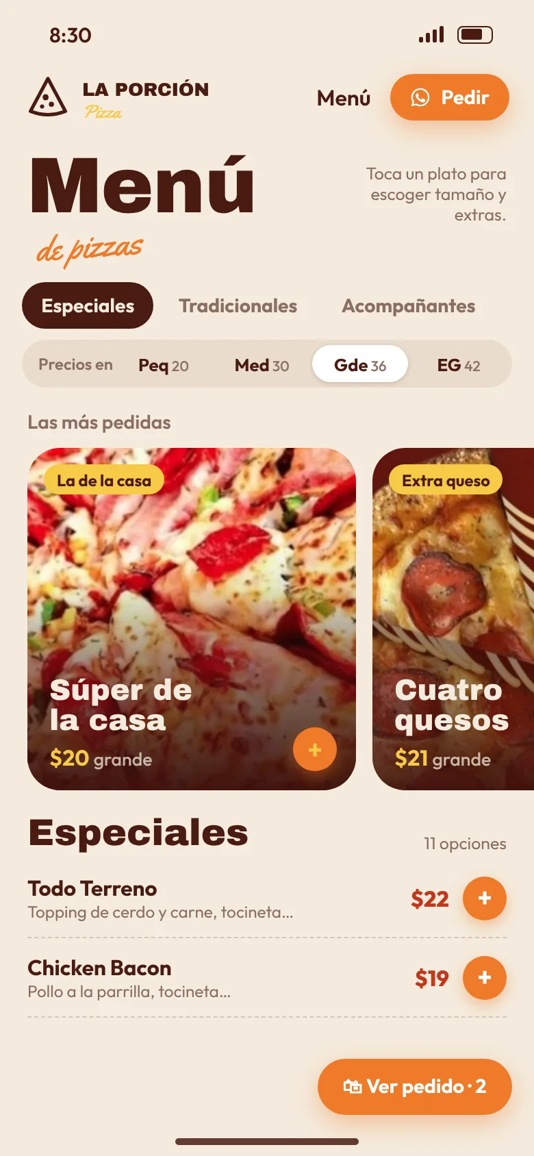 Menú en el teléfono: precios por tamaño, pizzas más pedidas con foto y lista de especiales
