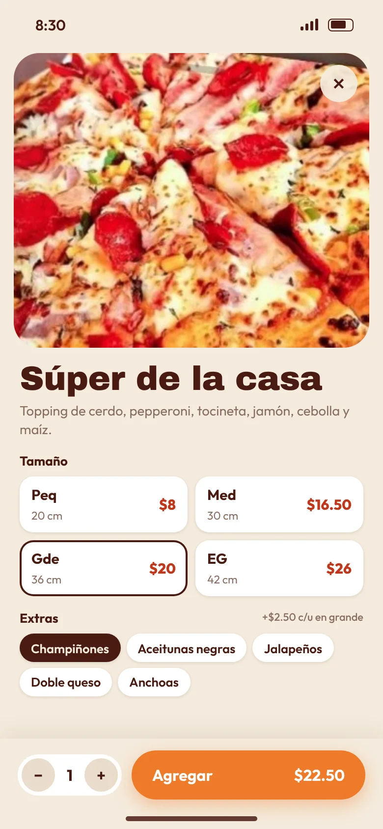 Detalle de una pizza en el teléfono: foto, cuatro tamaños, extras y botón para agregar