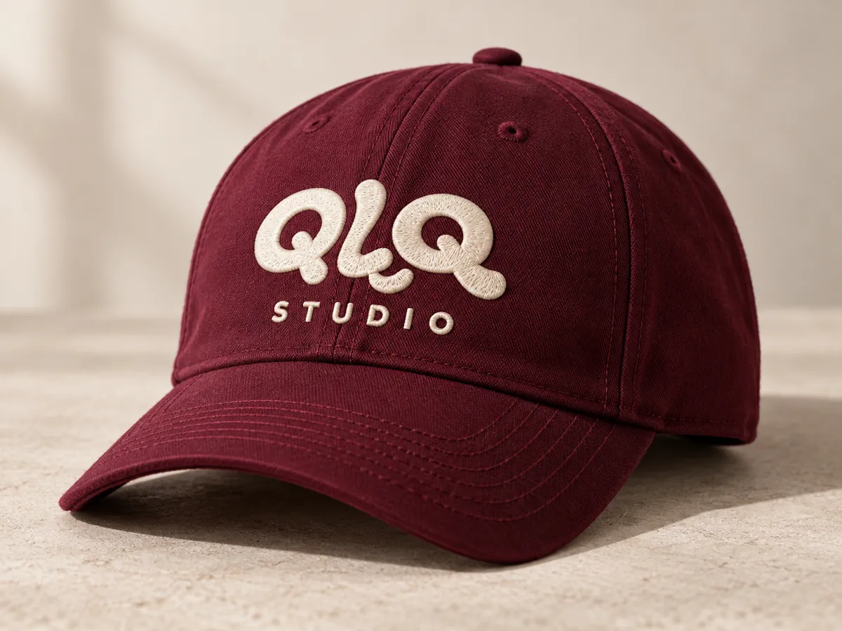Gorra color vino con el logo QLQ Studio bordado en crema